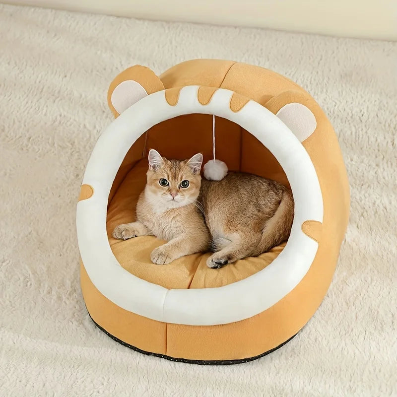 Cozy Paws™ Plush Cat Cave Bed with Pom-Pom Toy