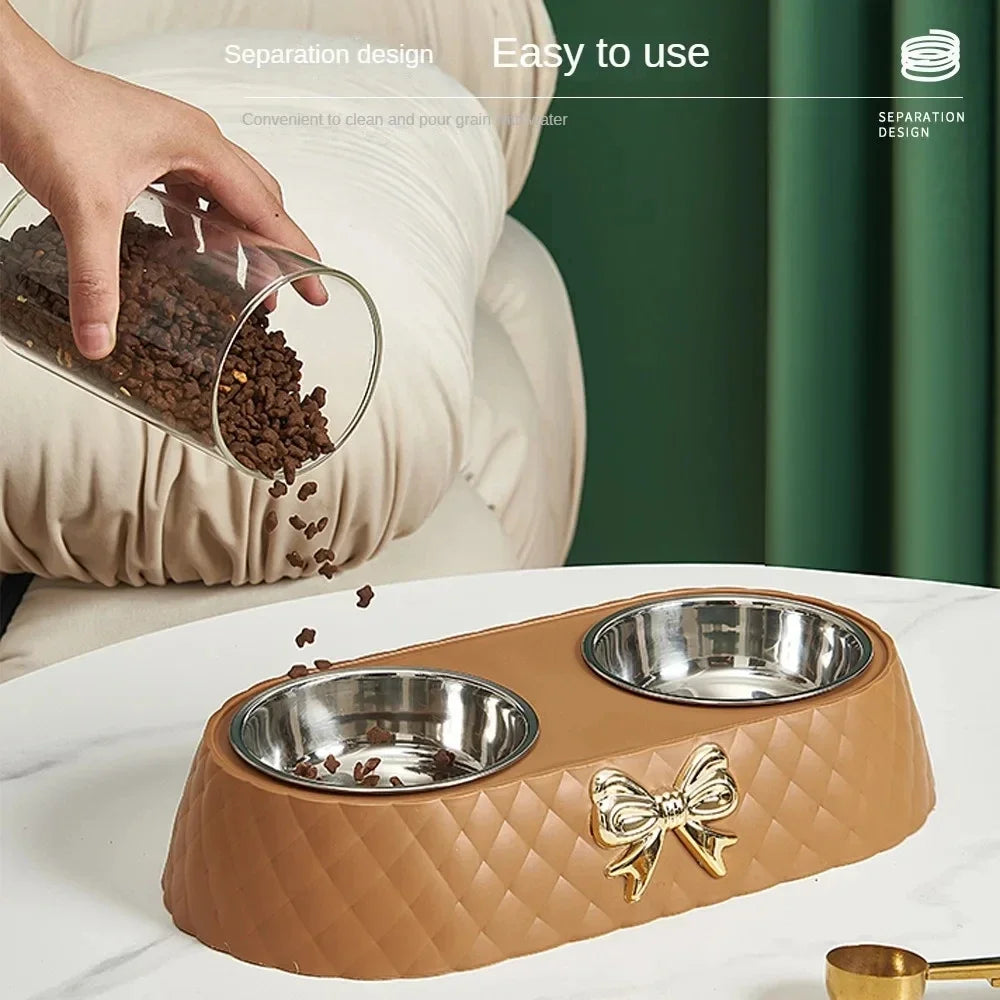 Double Pet Bowl with Bow-tie — Stainless Steel & PP Base for Cats and Dogs