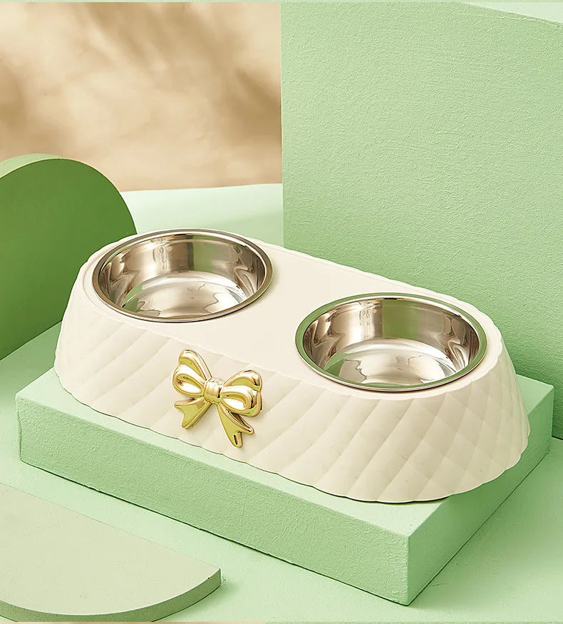 Double Pet Bowl with Bow-tie — Stainless Steel & PP Base for Cats and Dogs
