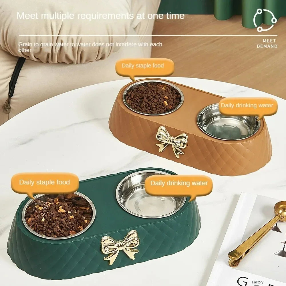 Double Pet Bowl with Bow-tie — Stainless Steel & PP Base for Cats and Dogs