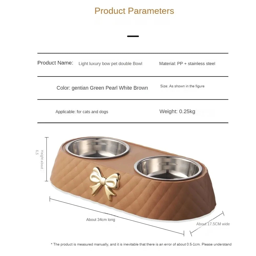 Double Pet Bowl with Bow-tie — Stainless Steel & PP Base for Cats and Dogs
