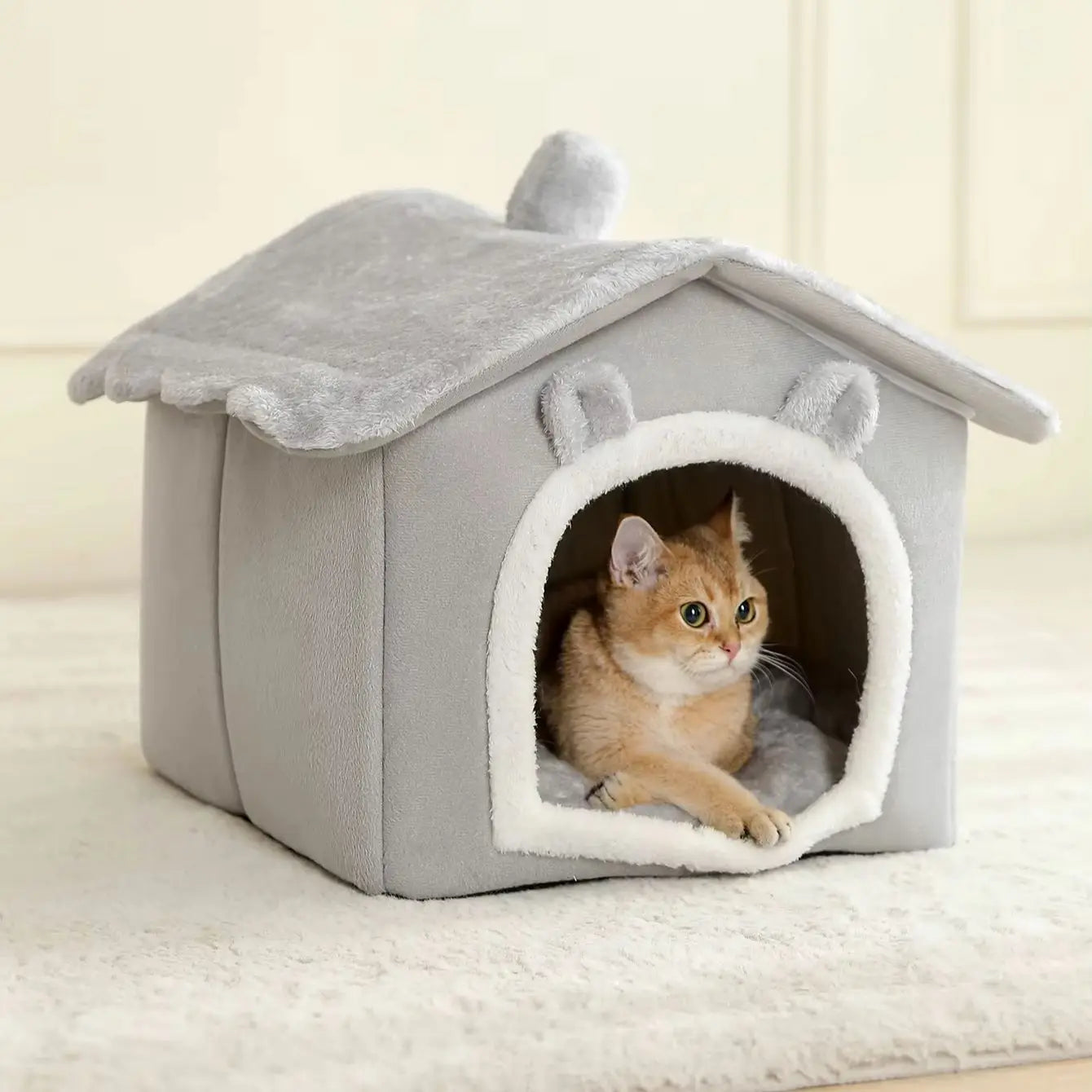 Cozy Paws™ Plush Cat Cave Bed with Pom-Pom Toy