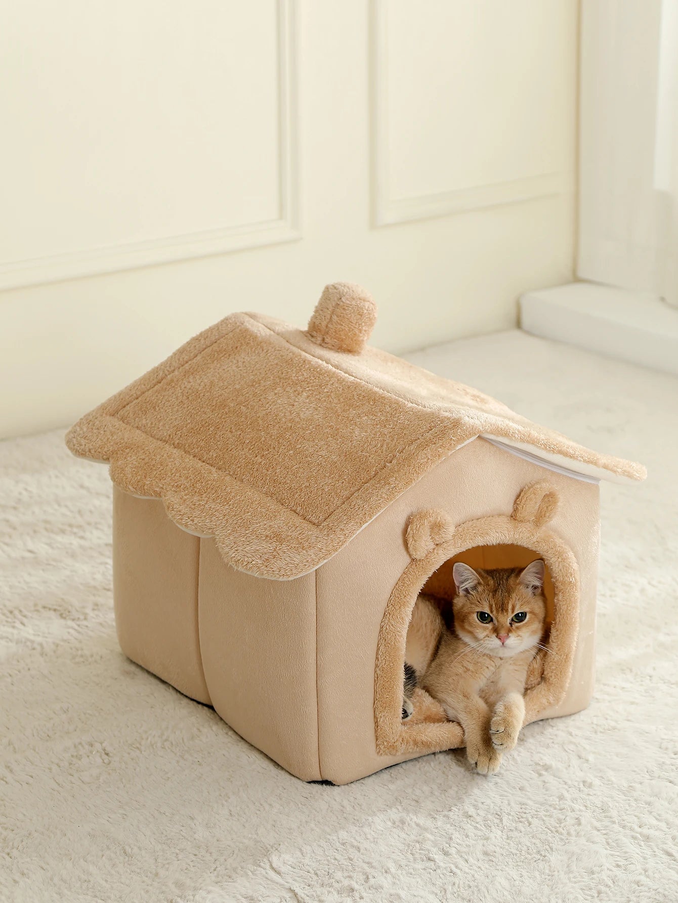 Cozy Paws™ Plush Cat Cave Bed with Pom-Pom Toy