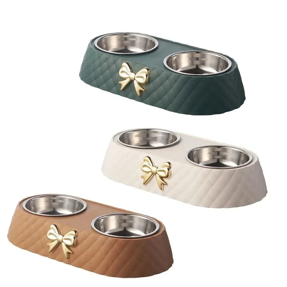 Double Pet Bowl with Bow-tie — Stainless Steel & PP Base for Cats and Dogs