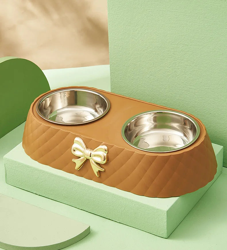 Double Pet Bowl with Bow-tie — Stainless Steel & PP Base for Cats and Dogs