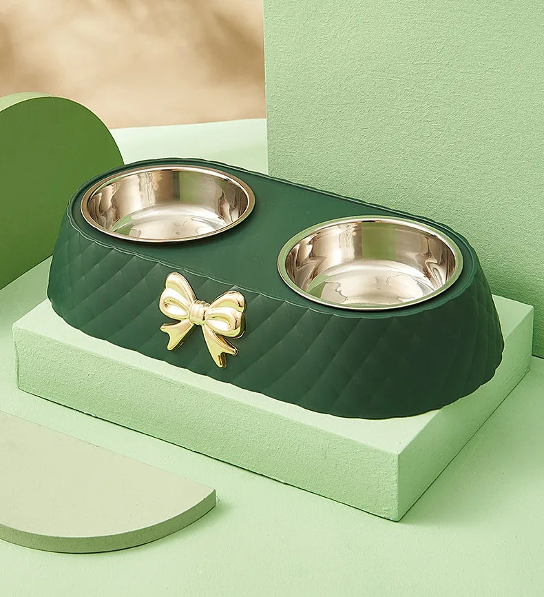 Double Pet Bowl with Bow-tie — Stainless Steel & PP Base for Cats and Dogs