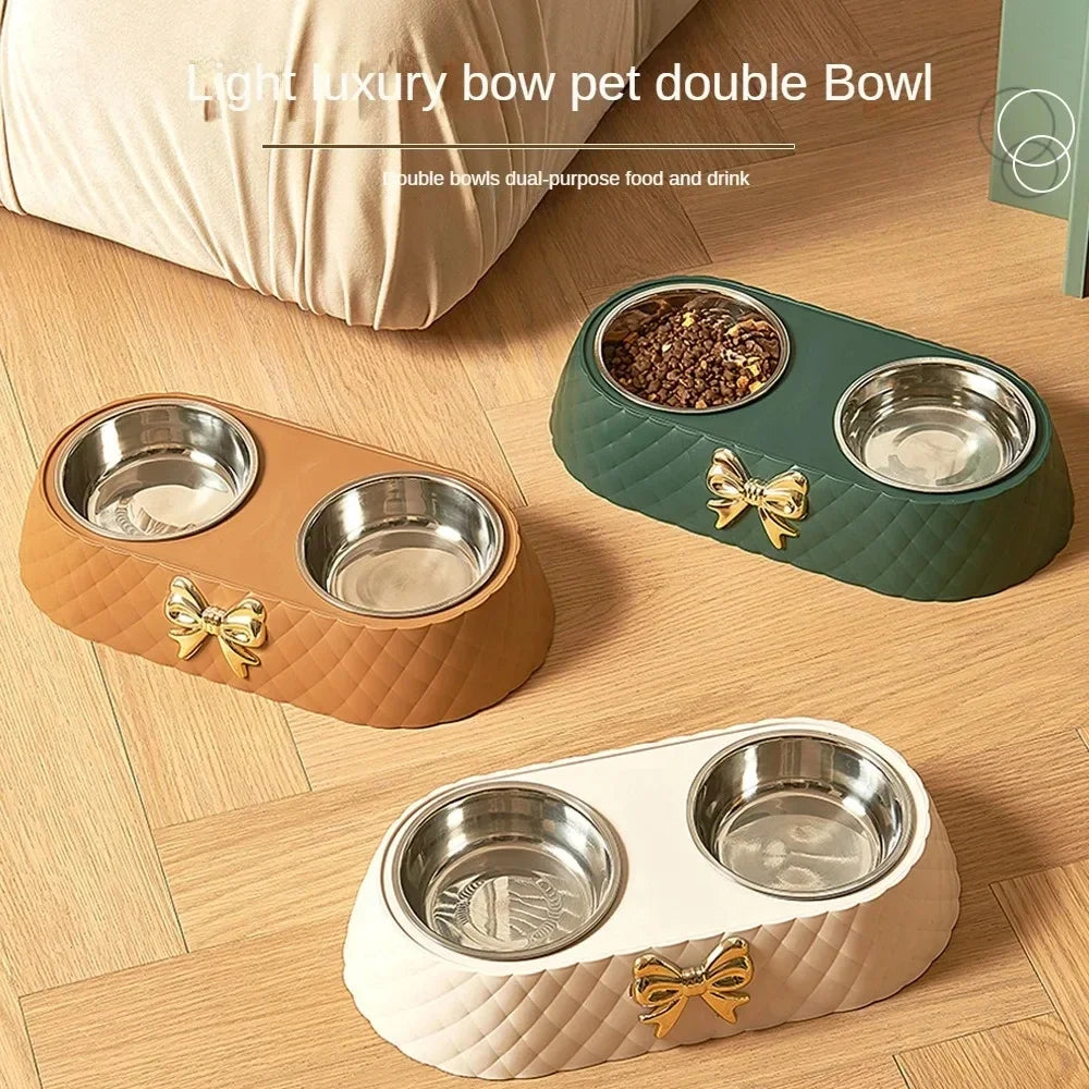 Double Pet Bowl with Bow-tie — Stainless Steel & PP Base for Cats and Dogs