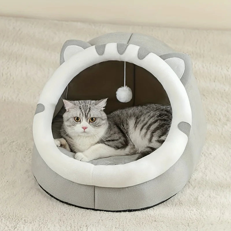 Cozy Paws™ Plush Cat Cave Bed with Pom-Pom Toy