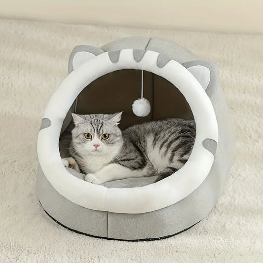 Cozy Paws™ Plush Cat Cave Bed with Pom-Pom Toy