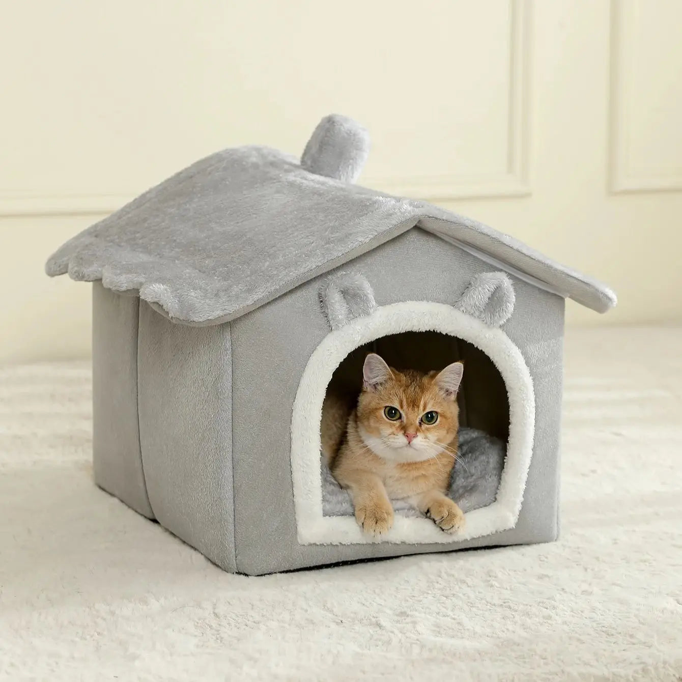 Cozy Paws™ Plush Cat Cave Bed with Pom-Pom Toy